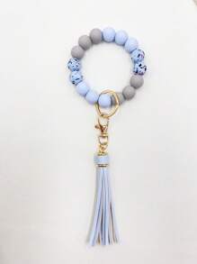 1pc Pu Leather Fringe & Silicone Beaded Keychain & Bracelet - Green - View 7