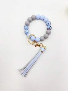 1pc Pu Leather Fringe & Silicone Beaded Keychain & Bracelet - Green - View 6