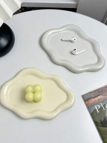 1pc Asymmetrical Cloud Shape Ceramic Tray For Jewelry Storage, Home Decor - white sesame dots - View 6