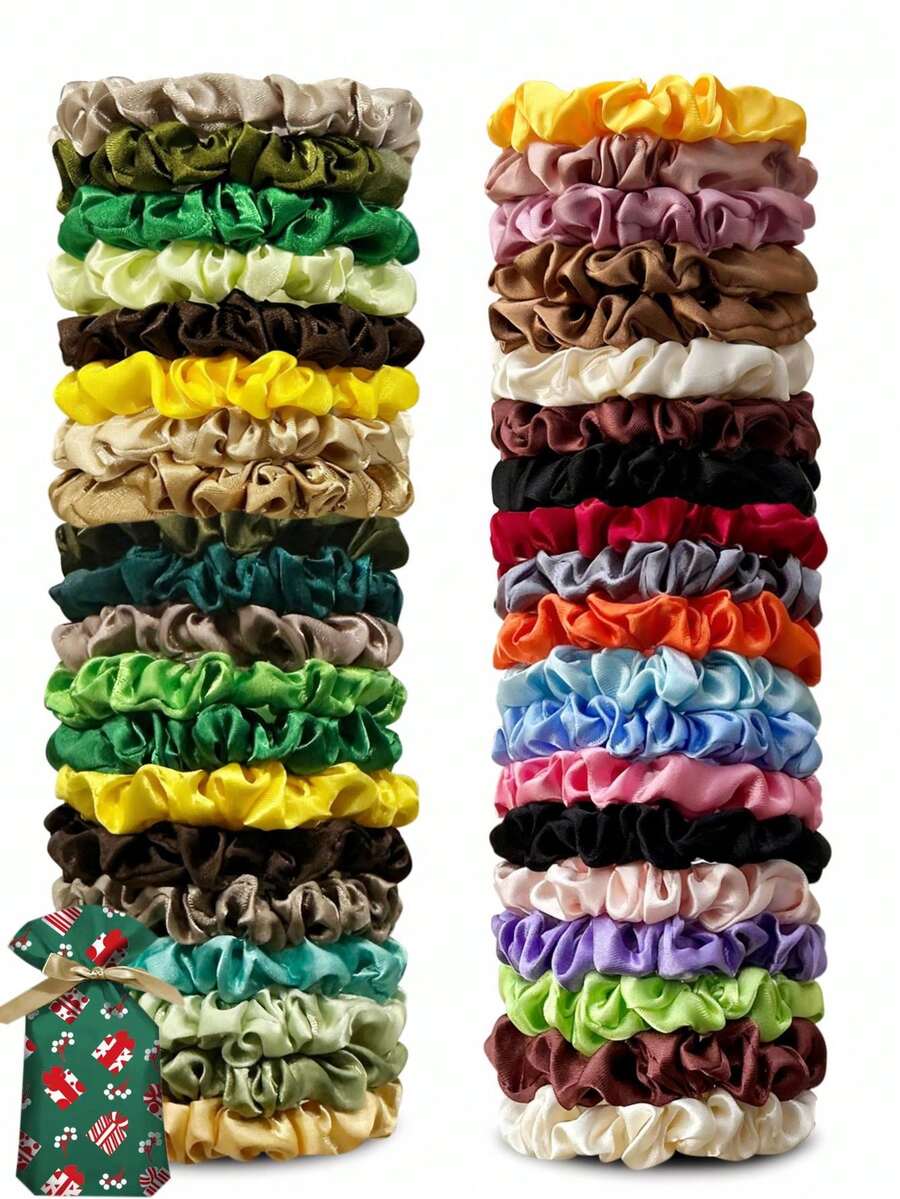 40件組緞面絲緞髮圈,彈性好不緊繃,適用於頭髮束馬尾、無痕束髮帶,時尚髮飾配件,柔軟度超過絲綢 - 彩色 - 查看 1