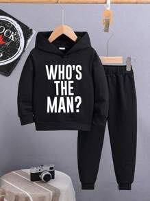 Conjunto De Moletom Com Capuz E Calça De Esportes Para Menino Jovem Com Letras Impressas - Preto - Ver 3