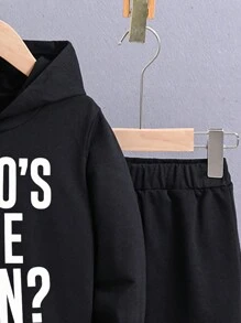 Conjunto De Moletom Com Capuz E Calça De Esportes Para Menino Jovem Com Letras Impressas - Preto - Ver 4