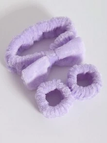 3pcs/Set Hair Band & Wristband Set, Includes 1pc Hairband And 2pcs Bathroom Wristbands, Modern Polyester Bow-Knot Decorated Facial Cosmetics Headband And Wristband,Skincare,Room Decor,Home Decor,Bedroom Decor,Bathroom,Christmas Gifts,Bathroom Decor,Travel,Travel Stuff,Wedding,Christmas Party,Mom Gifts,Home,Room,House Decor,Christmas Gift,Gifts For Mom,Birthday,Pink Room Decor,Living Room Decor,Bedroom,Gifts For Men,Dad Gifts,Mushroom,New Years,Mom,Accessories,Gifts For Dad,Friends,Funny Gift - Mauve Purple - View 4
