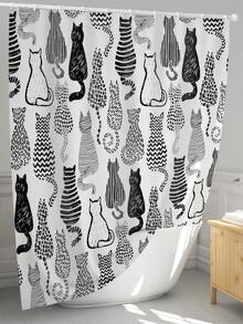 1pc Modern Polyester Waterproof Shower Curtain With Cat Pattern, Square Shape, Suitable For Household Bathrooms - Black and White - View 4
