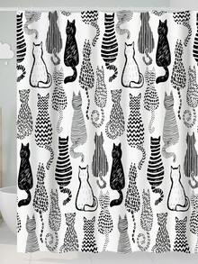 1pc Modern Polyester Waterproof Shower Curtain With Cat Pattern, Square Shape, Suitable For Household Bathrooms - Black and White - View 2