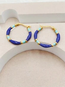 1pair Stainless Steel Iridescent Enamel Oil Drop Effect Hoop Earrings - Royal Blue - View 3