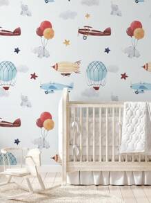卡通大象,熱氣球和飛機圖案防水牆貼,兒童房間用1套(3件),尺寸為47.24x15.75英寸 - 彩色 - 查看 1