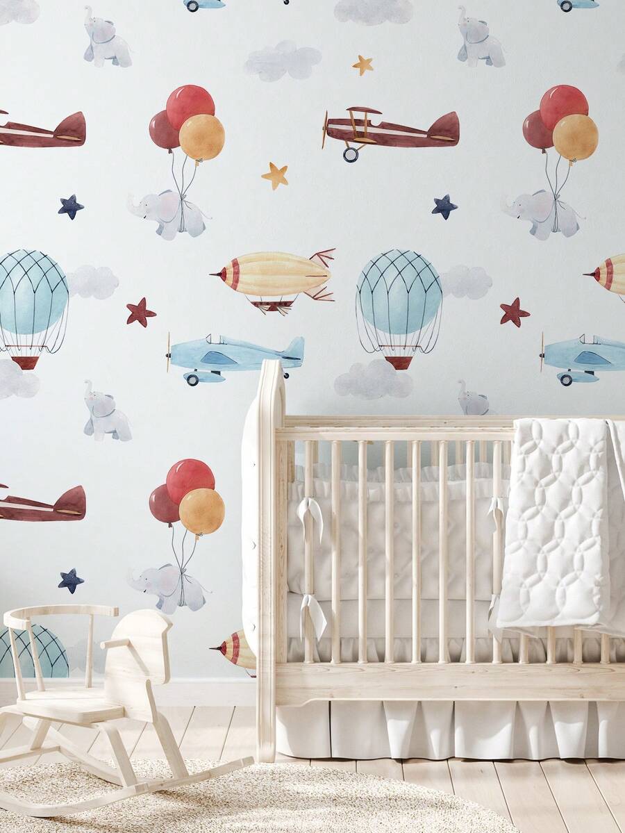 卡通大象,熱氣球和飛機圖案防水牆貼,兒童房間用1套(3件),尺寸為47.24x15.75英寸 - 彩色 - 查看 1