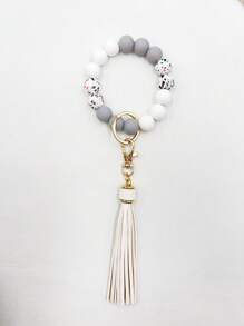 1pc Pu Leather Fringe & Silicone Beaded Keychain & Bracelet - Green - View 8