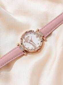 6入組女性手錶，時尚簡約桃紅色PU錶帶花卉刻度石英手錶，粉色鑲嵌鑽石珠寶套裝，假日項鍊手鏈戒指耳環套裝。粉色鑲嵌鑽石