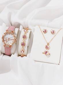 6入組女性手錶，時尚簡約桃紅色PU錶帶花卉刻度石英手錶，粉色鑲嵌鑽石珠寶套裝，假日項鍊手鏈戒指耳環套裝。粉色鑲嵌鑽石