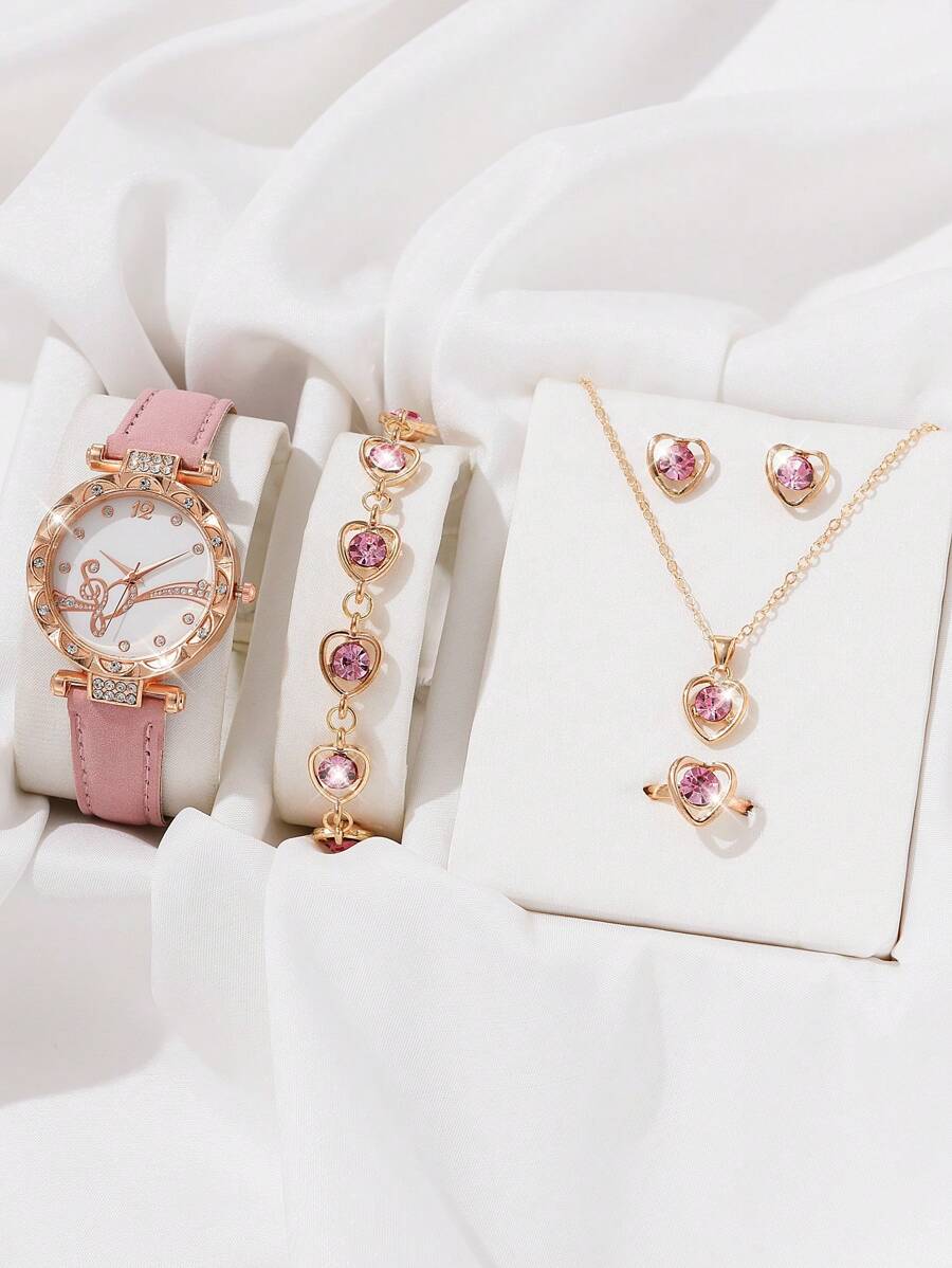 6入組女性手錶，時尚簡約桃紅色PU錶帶花卉刻度石英手錶，粉色鑲嵌鑽石珠寶套裝，假日項鍊手鏈戒指耳環套裝。粉色鑲嵌鑽石