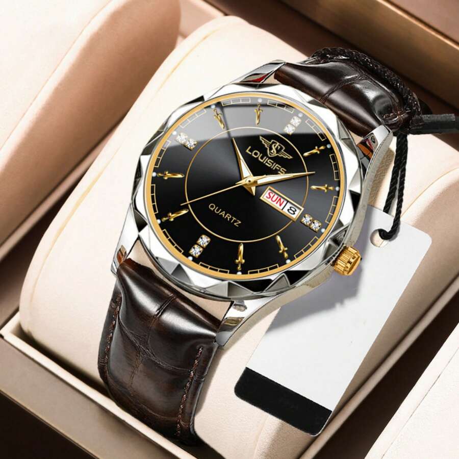 1入商務風格成熟棕色皮革錶帶手錶,帶豪華金色錶盤、經典黑色錶盤、鑽石刻度、不鏽鋼錶殼、日曆顯示、雙顯示、防水石英手錶