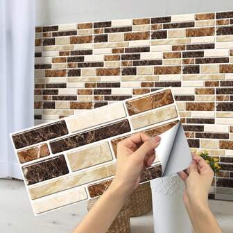 9/11/25pcs Brick Pattern Kitchen Tile Stickers, Oil-Proof, Simulated Marble Crystal Wall Paper, For Bathroom/Kitchen Renovation, Self-Adhesive Tile