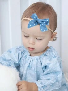 4 件蓝色爱心与五角星印花蝴蝶结装饰头带适合儿童，柔软牛仔效果弹性头带，婴儿日常发饰