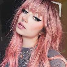 灰粉色蝴蝶万圣节角色扮演，深色发根，22 英寸长分层头发，带窗帘刘海，女士合成假发，适合日常使用派对度假节日自然浪漫性感简约休闲圣诞节角色扮演服装耐热假发