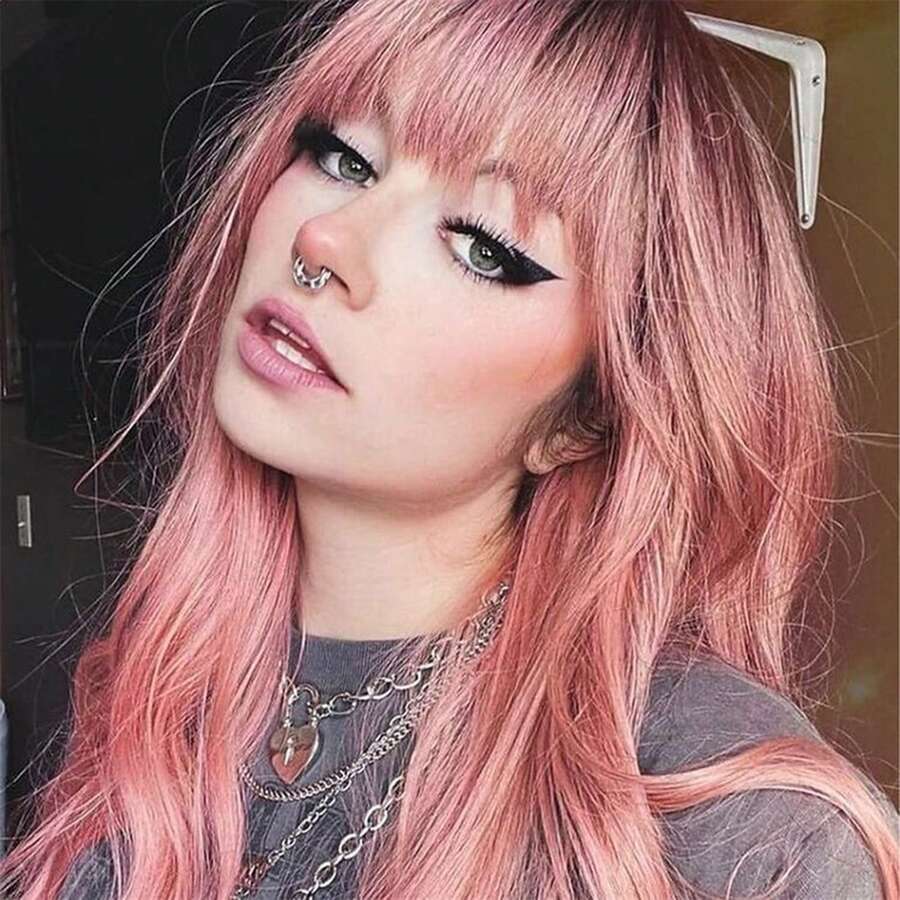 灰粉色蝴蝶万圣节角色扮演，深色发根，22 英寸长分层头发，带窗帘刘海，女士合成假发，适合日常使用派对度假节日自然浪漫性感简约休闲圣诞节角色扮演服装耐热假发