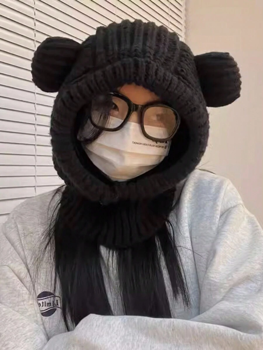 1 Miếng Mũ len Đối với phụ nữ , Mùa Đông Ấm áp Dày Chống gió Mũ Với Gấu Đôi tai , Cái cổ Ấm áp hơn Khăn quàng cổ Mũ lưỡi trai - màu đen - Xem 1