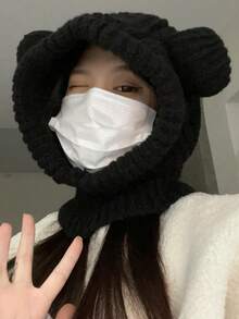 1 Miếng Mũ len Đối với phụ nữ , Mùa Đông Ấm áp Dày Chống gió Mũ Với Gấu Đôi tai , Cái cổ Ấm áp hơn Khăn quàng cổ Mũ lưỡi trai - màu đen - Xem 4