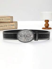 復古工裝皮帶,帶有珠子細節和古董銀牛頭橢圓形帶扣,西式風格