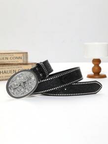 復古工裝皮帶,帶有珠子細節和古董銀牛頭橢圓形帶扣,西式風格