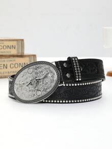 復古工裝皮帶,帶有珠子細節和古董銀牛頭橢圓形帶扣,西式風格