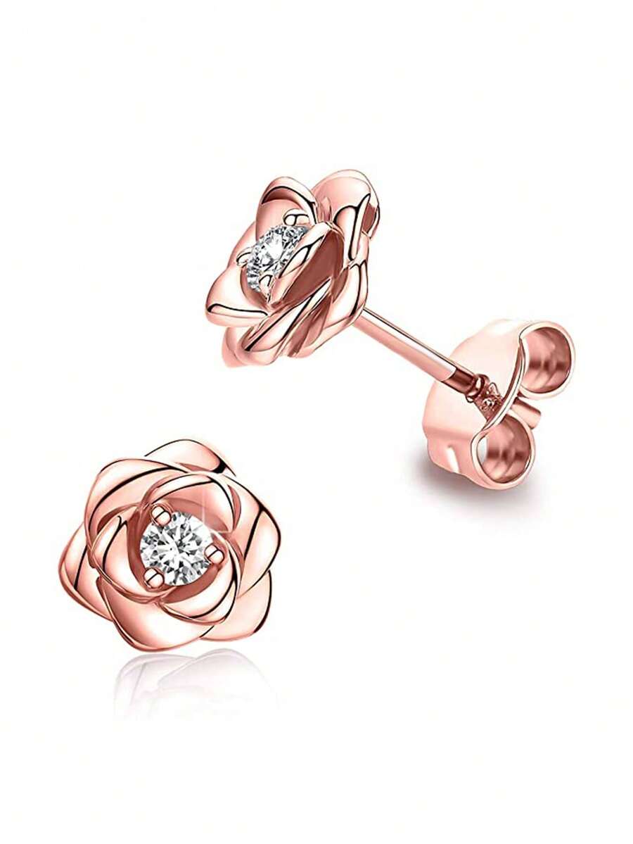 1 đôi Trẻ em Khối Zirconia  Đẹp Hoa Bông tai stud Dành cho Cô gái Món quà Để Trang Trí Hàng Ngày - Hoa hồng vàng - Xem 1