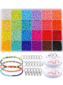 1 Caja De 24 Rejillas, 24 Colores, Cuentas Pintadas De 3 A 4 Mm Con Cierres, Cierres De Langosta, Anillos, Cordón Elástico, Para Pulsera, Collar Y Material De Abalorios (colores Aleatorios)