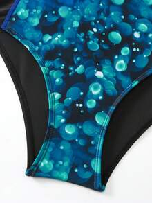 Traje de baño de una pieza para mujer, estampado, con espalda descubierta y recortes contrastantes, elegante y chic, adecuado para la playa y vacaciones de verano - Agua verde azul - Ver 10