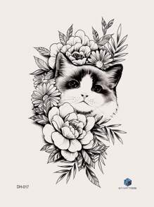 STARTTOOS 1pc Black Cat In Floral Design Temporary Tattoo, Half Sleeve Size - Black - View 4