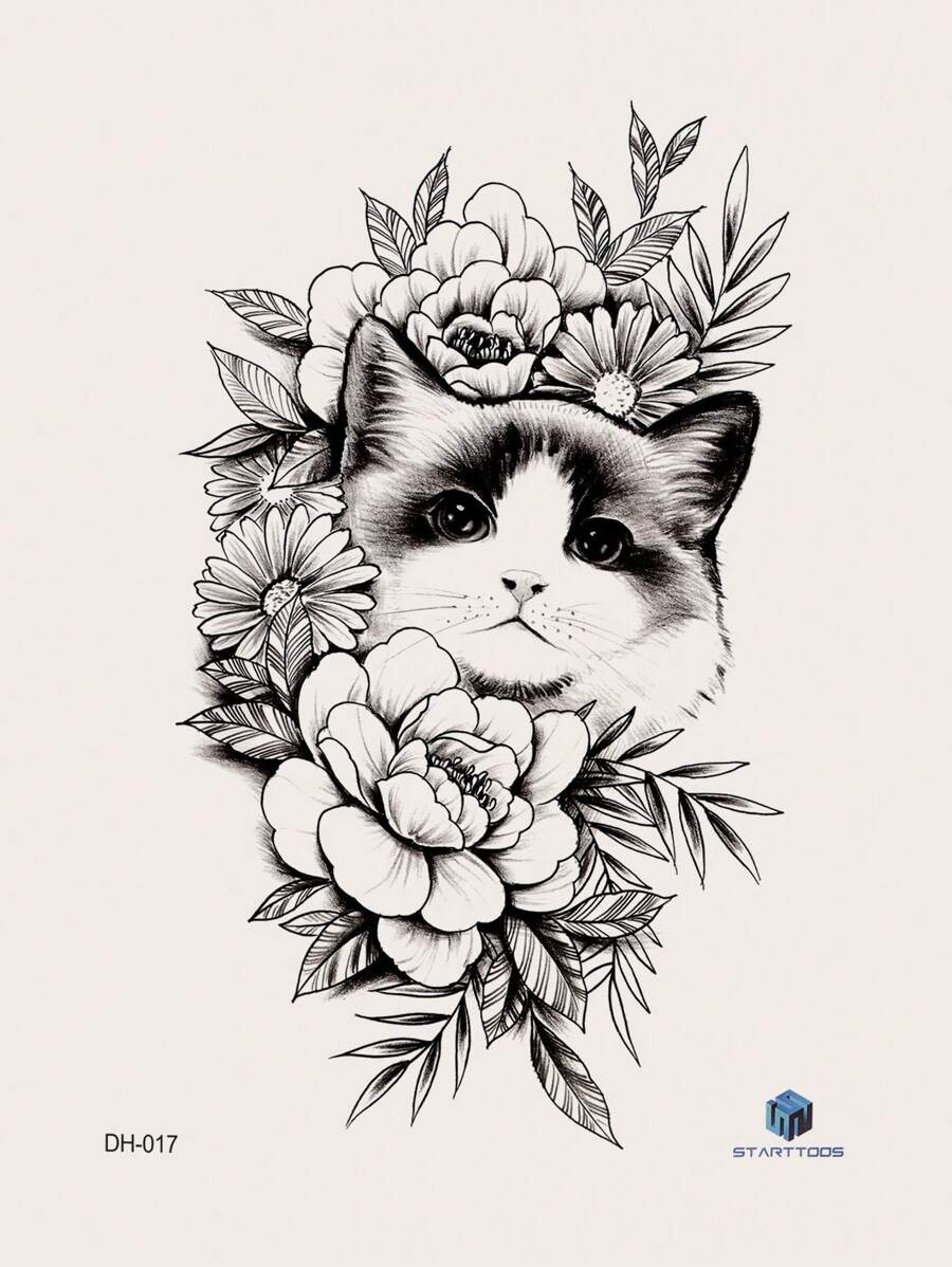 1枚黑色卡通貓&花朵簇紋身貼紙,適用於手臂和身體 - 黑色 - 查看 1