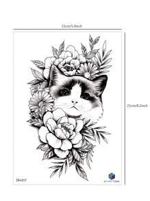 1枚黑色卡通貓&花朵簇紋身貼紙,適用於手臂和身體 - 黑色 - 查看 5