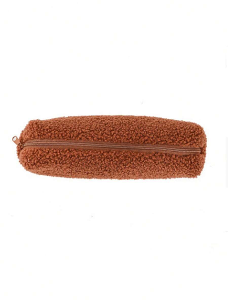1pc Simple & Fresh Lamb Wool Plush Pencil Case - Brown - View 1