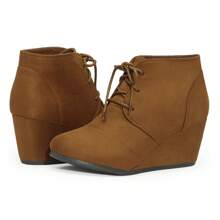 Women's Wedge Boots Casual Fashion Lace Up Low Heel Ankle Booties Shoes - Đồng - Xem 2