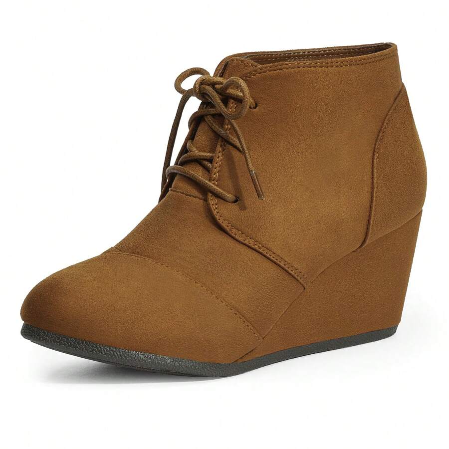 Women's Wedge Boots Casual Fashion Lace Up Low Heel Ankle Booties Shoes - Đồng - Xem 1