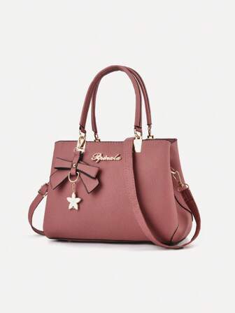 Yogodlns 优雅简约挎包经典中年单肩包蝴蝶结装饰 PU 顶部提手包卵石压花水桶包配蝴蝶结饰物，母亲节送给妈妈的礼物经典方形单肩包，绗缝细节链条包，轻质旋锁包