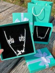1件蝴蝶造型的項鍊,1對耳環,1件手鍊和1件珠寶盒子,1套水晶婚禮珠寶,是節日送女朋友的好禮物 - 銀色 - 查看 4
