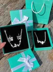 1件蝴蝶造型的項鍊,1對耳環,1件手鍊和1件珠寶盒子,1套水晶婚禮珠寶,是節日送女朋友的好禮物 - 銀色 - 查看 2