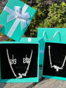 1件蝴蝶造型的項鍊,1對耳環,1件手鍊和1件珠寶盒子,1套水晶婚禮珠寶,是節日送女朋友的好禮物 - 銀色 - 查看 1