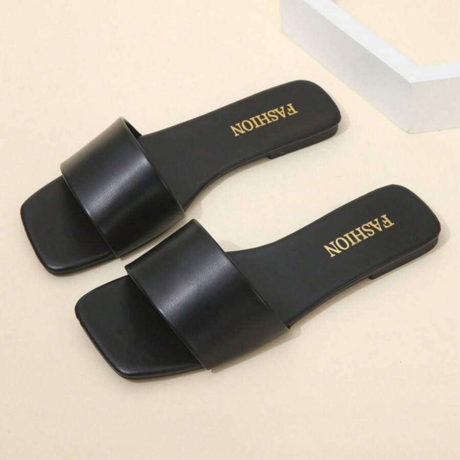 Women's Square Open Toe Flat Sandals Slip On Slide Sandals One Strap Flat Sandals - Black - View 1