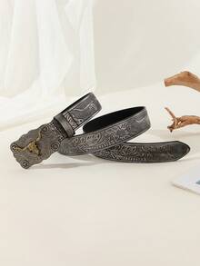 Hàng mới đến Cao Bồi Miền Tây Phong cách Da Thắt lưng Với Hợp kim kẽm Màu Bạc Cổ Đầu bò Khóa , Cá nhân hóa Thắt lưng - Màu xám đen - Xem 4