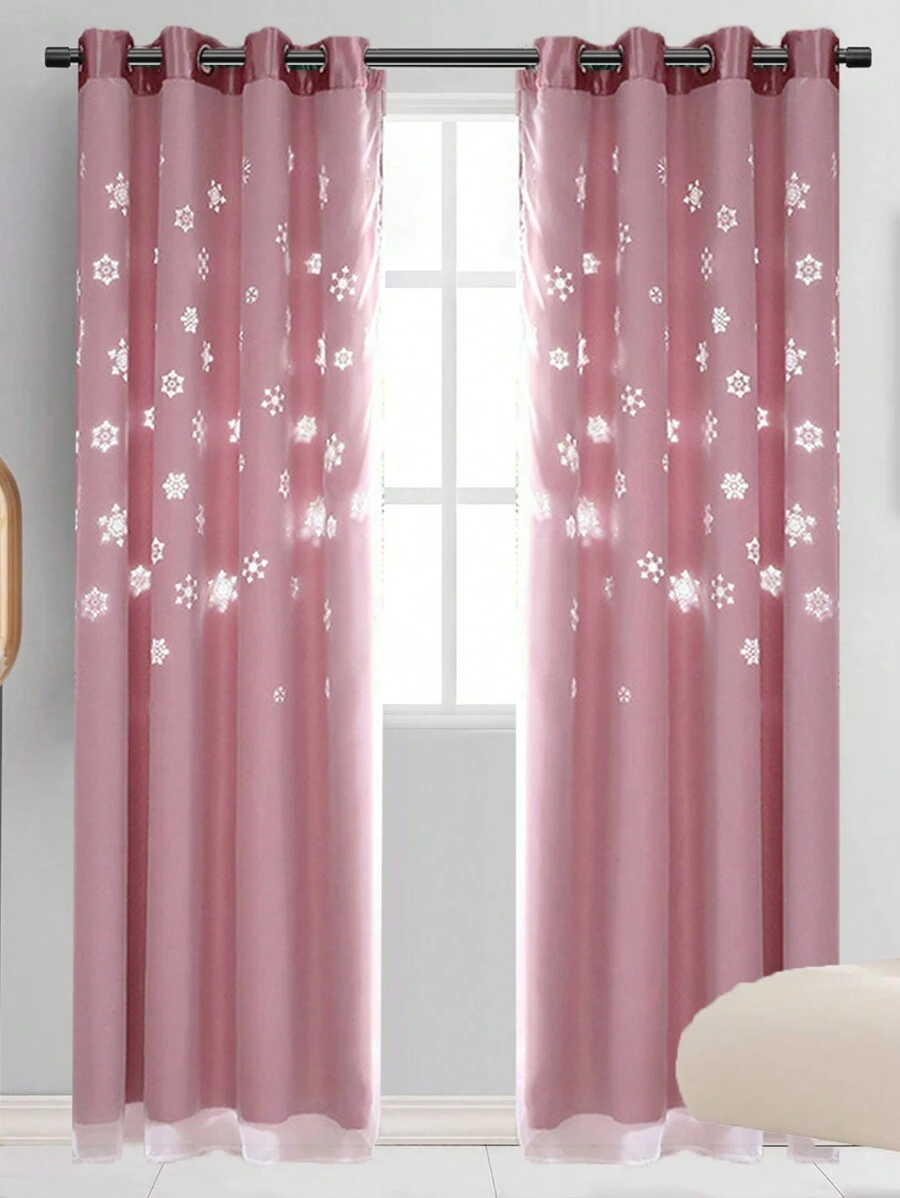 1 Piece Hollow Snowflake Pattern Double-layer Tulle Curtain, Christmas And New Year Children's Living Room Decoration Curtain - Pink - View 1