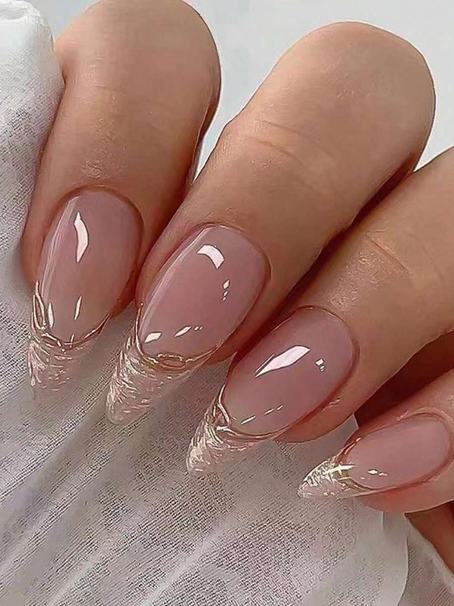 立即使用 24 件杏仁形不对称珠宝浅镀金法式美甲升级您的外观，适合完全覆盖假指甲的女性和女孩 - 彩色 - 查看 1