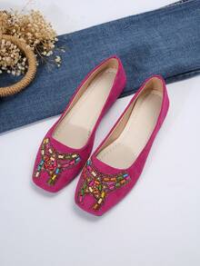 Women's Fashionable Embroidered & Beaded Flat Shoes, Spring & Autumn - Hot Pink - View 4