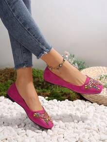 Women's Fashionable Embroidered & Beaded Flat Shoes, Spring & Autumn - Hot Pink - View 3