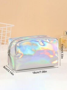 1pc Solid Color Waterproof Pu Laser Cosmetic Bag Portable Travel Toiletry Storage Bag Multicolor - Silver - View 3