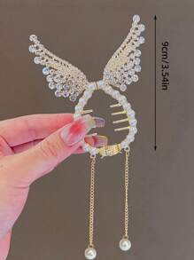 1入組女士金色翅膀＆流蘇＆珍珠＆鑽石簪子髮夾,溫和不傷髮質,適合日常佩戴 - 金色 - 查看 4