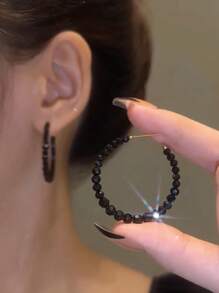 1pair Minimalist European Style Black C-Shaped Beaded Women's Daily Personalized Earrings - Black - View 1