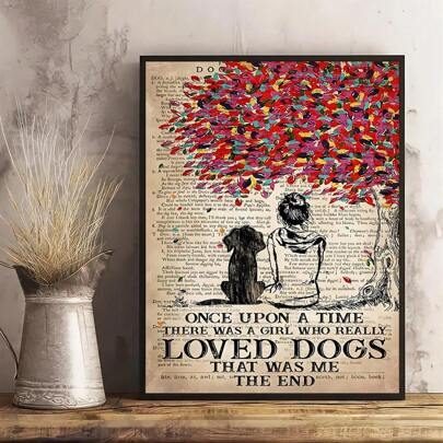 1pc Vintage Canvas Oil Painting, Once Upon A Time, There Was A Girl Who Really Loved Dogs. The Girl And The Dog Painted Murals On Canvas Under A Tree. The Artwork Could Be Used As A Wall Decoration For Bathroom, Bedroom, Office, Living Room, Home, Without Frame,Wall Art,Poster Gifts Birthday Graduation