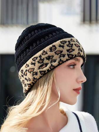 1 Stück Gestrickte Mütze Mit Leopardenmuster Für Frauen. Unisex Outdoor Warme Wollmütze, Perfekt Als Geschenk Für Frauen Und Studenten Im Herbst/winter.